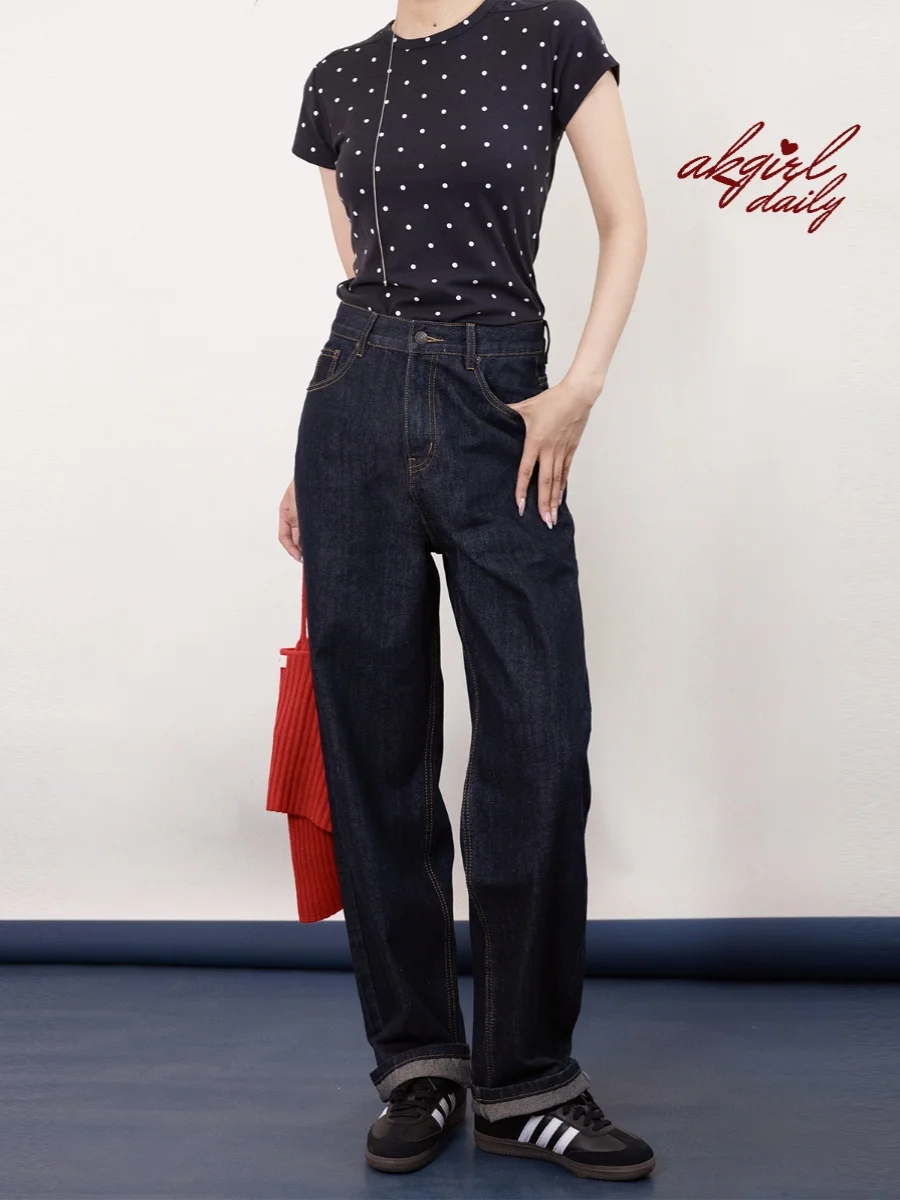 

American Retro Deep Blue Straight Leg Jeans Loose Wide Leg Pants High Waist Denim Pants Slimming Effect Spring New Arrival