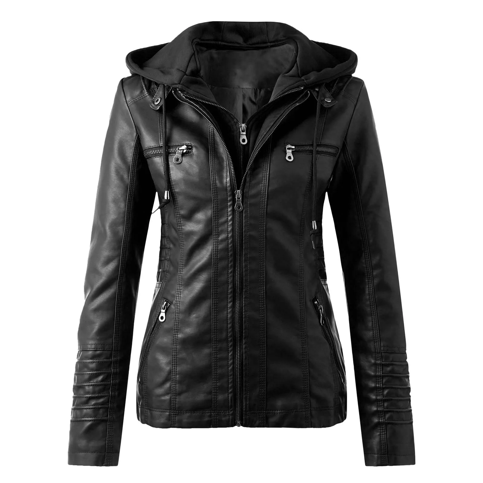 

Women's Solid Colour Long Sleeve Zipper Pocket Standing Collar Slim Removable Hood Leather Jacket Coat Biker Punk Short Jacket