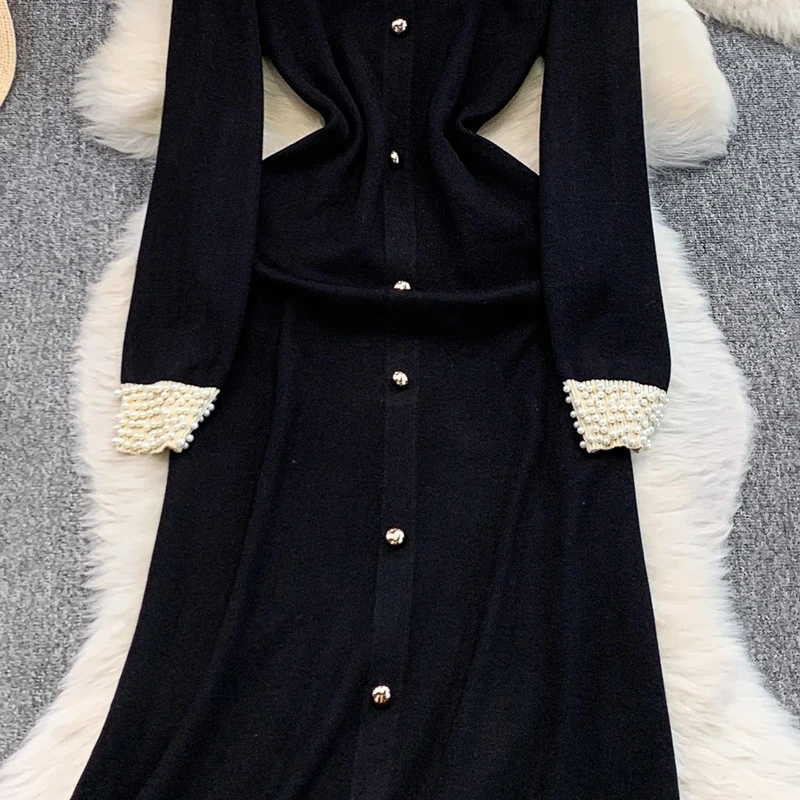 YuooMuoo ماركة الموضة الفاخرة اللؤلؤ طوق قطعة واحدة فستان المرأة جديد الخريف الشتاء ألف خط محبوك فستان طويل سيدة حفلة Vestido #5