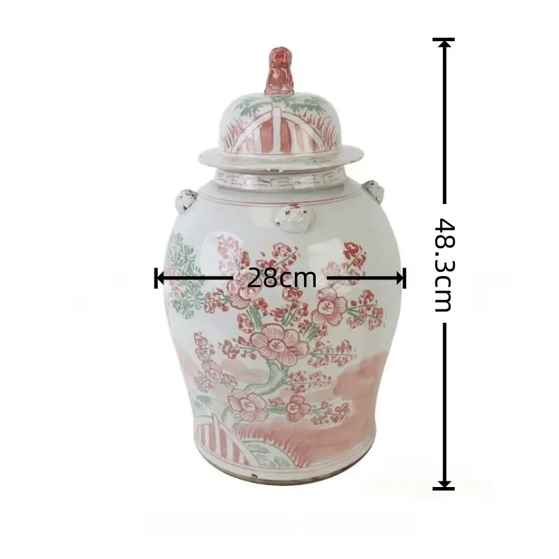 Vintage Ceramic Storage Jar with Lion Lid Red Green Pine Landscape Design Antique Temple Pot for Villa Entrance Cabinet