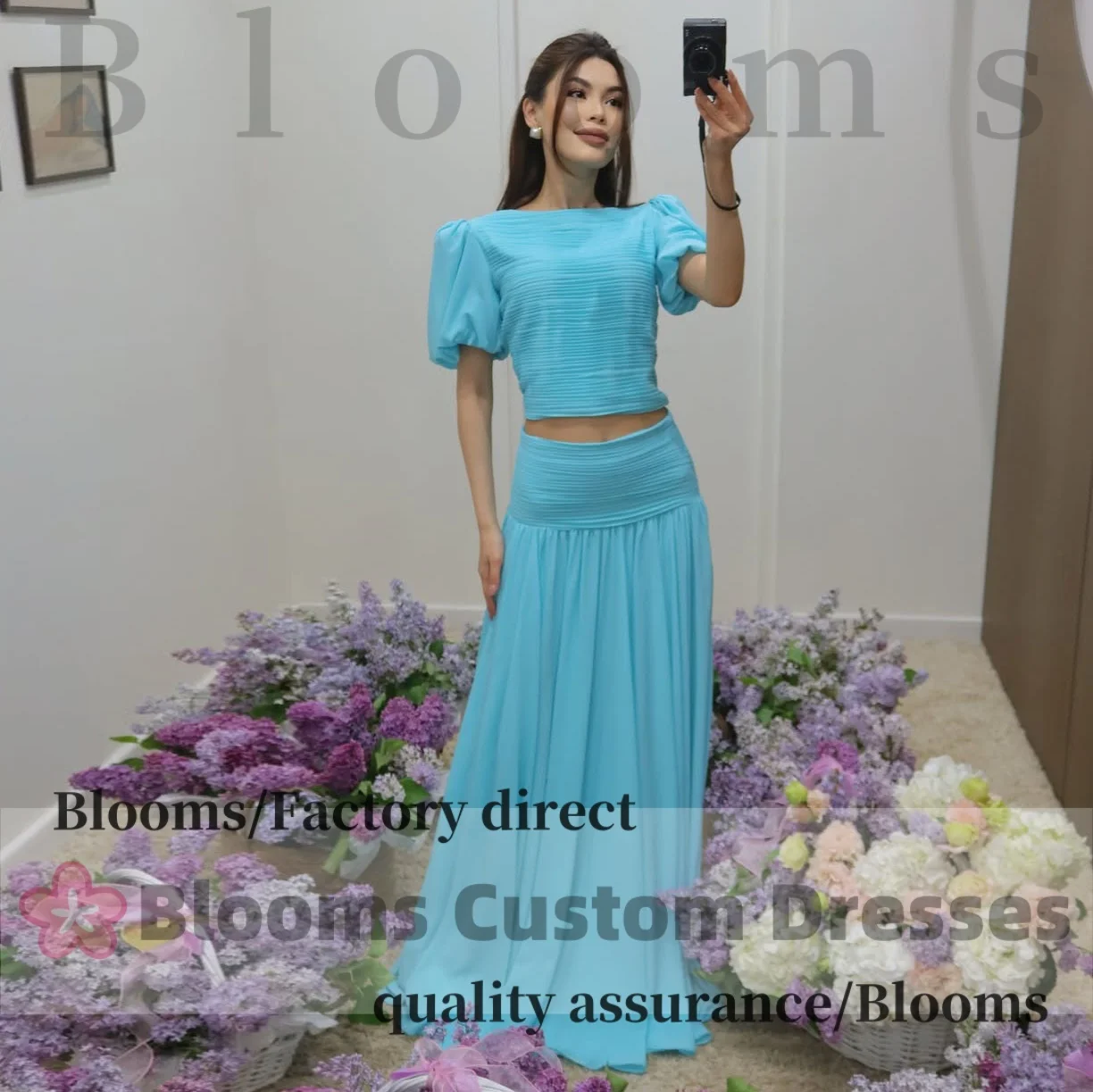 

Customized Turquoise Blue Puff Sleeve Two Piece Formal Evening Dresses Draped Prom Gown Elegant Party Dress