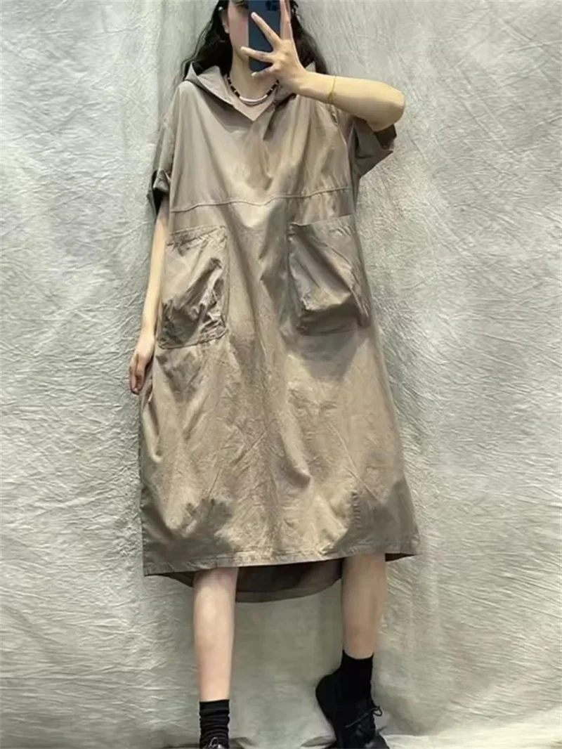 

Pop Pop Vintage Loose Short Sleeve Hooded Dress Women 2025 New Summer Loose A-Line High Waist Commute Casual Dress Female