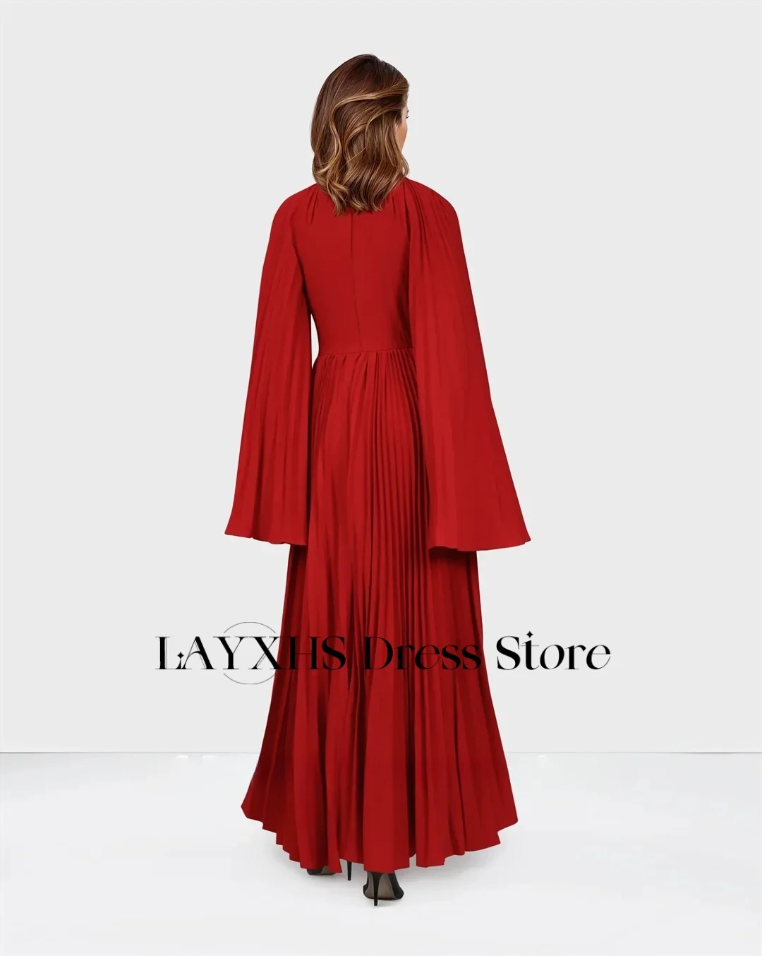 LAYXHS Mode Rode O-hals Avondjurken A-lijn Lange mouwen Plooien Enkellange Galajurken Op maat gemaakt فساتnement