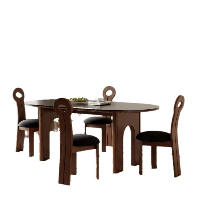 

Black slate premium French antique 2023 new household ash wood oval arch dining table