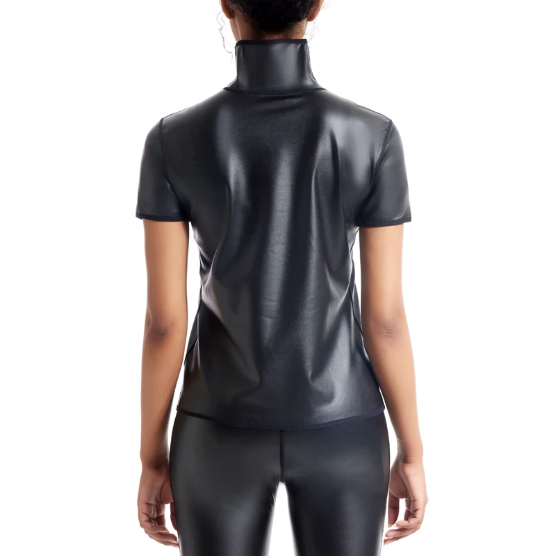 Women Faux Leather Short Sleeve Fitted Tee Shirt Top Body Shaper Waist Trainer Slim Tshirt Fashion High-neck Slim Shapewear tops