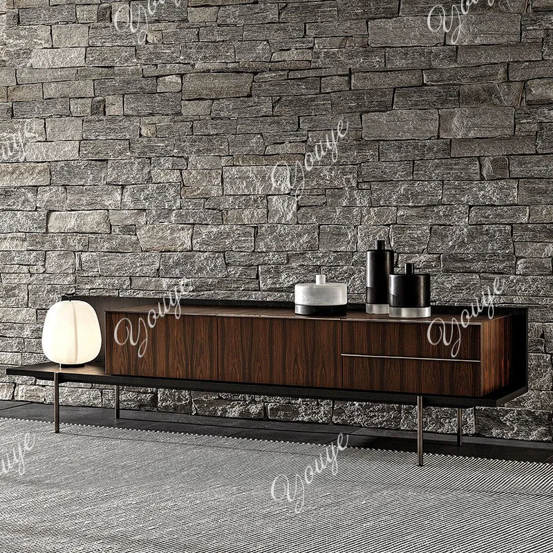 

Italian solid wood TV cabinet light luxury walnut color audio-visual cabinet modern simple stainless steel short cabinet