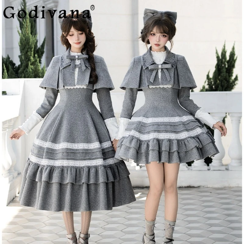

Original Elegant Gray Ruffled OP Dress and Cape Female Japanese Style Winter Lolita Dress Women's Long Sleeve Long Dress