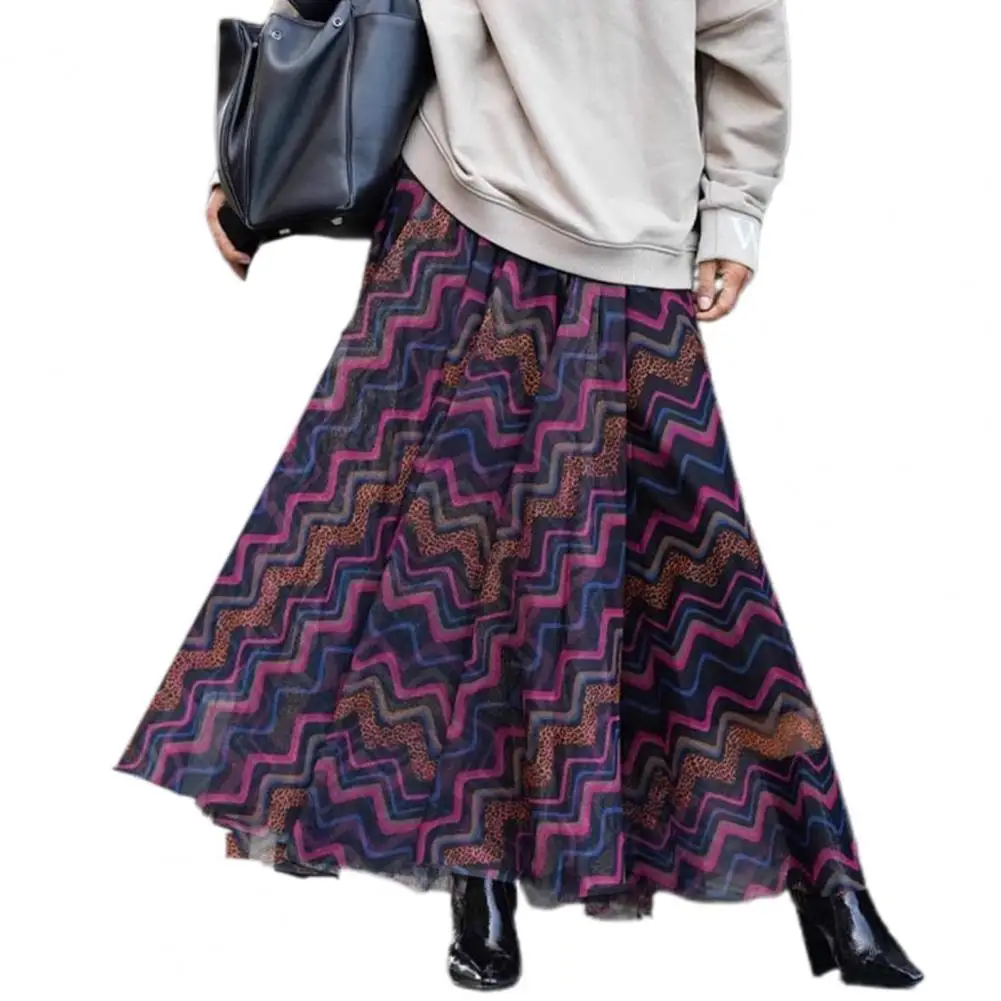 Women Skirt Elegant Wave Printed with Elastic Waist Multi-layered Hem Long Skirt for Wave Printed