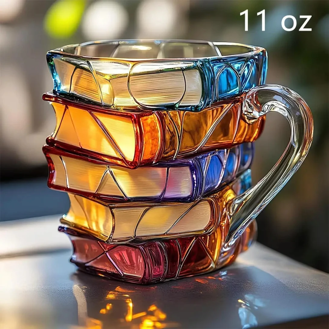 Taza de libro pintada, taza de café de libro de vidrio de colores 3D, taza de café apilable de libros únicos novedosos, regalos para amantes de los libros de literatura