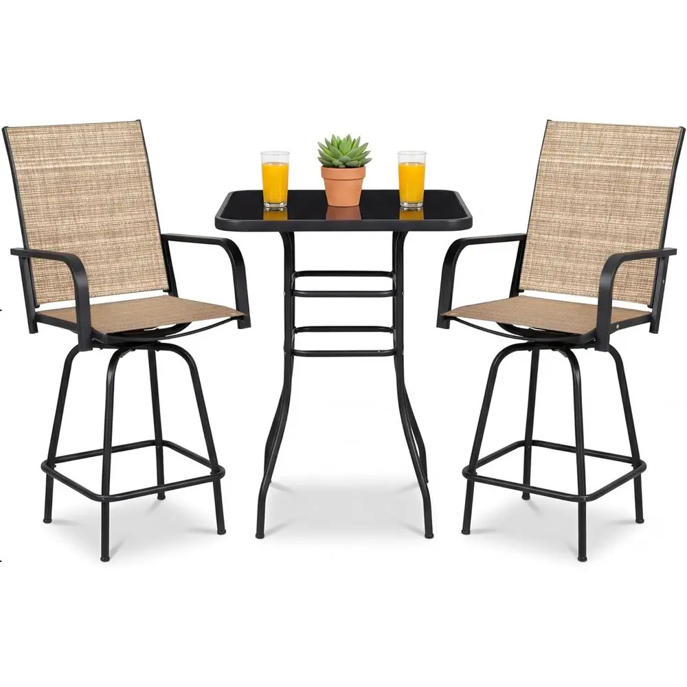 

Комплект из 3-х уличных вращающихся барных стульев с высоким столом и стульями из текстилена для двора, зоны у бассейна, коричневый