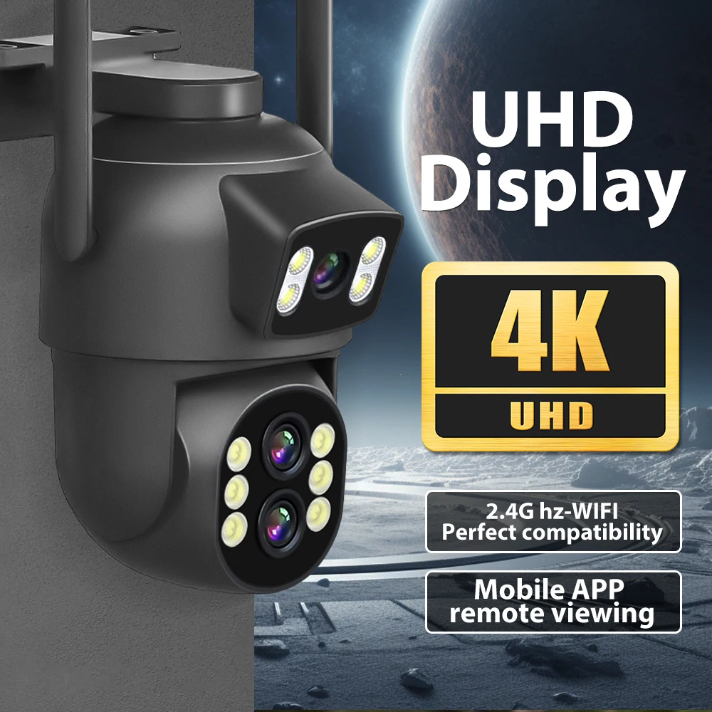 Câmera de segurança externa WiFi 6K 12MP com zoom 10x, lentes triplas e telas triplas, rastreamento automático e detecção de movimento, CCTV S
