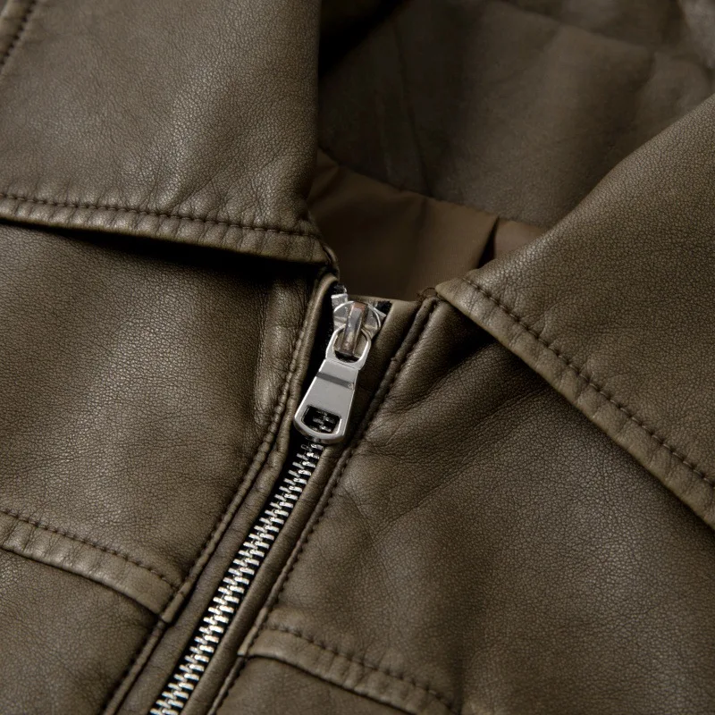 Damski skórzany płaszcz motocyklowy w stylu retro, sprany, wyblakły, na wiosnę i jesień 2025