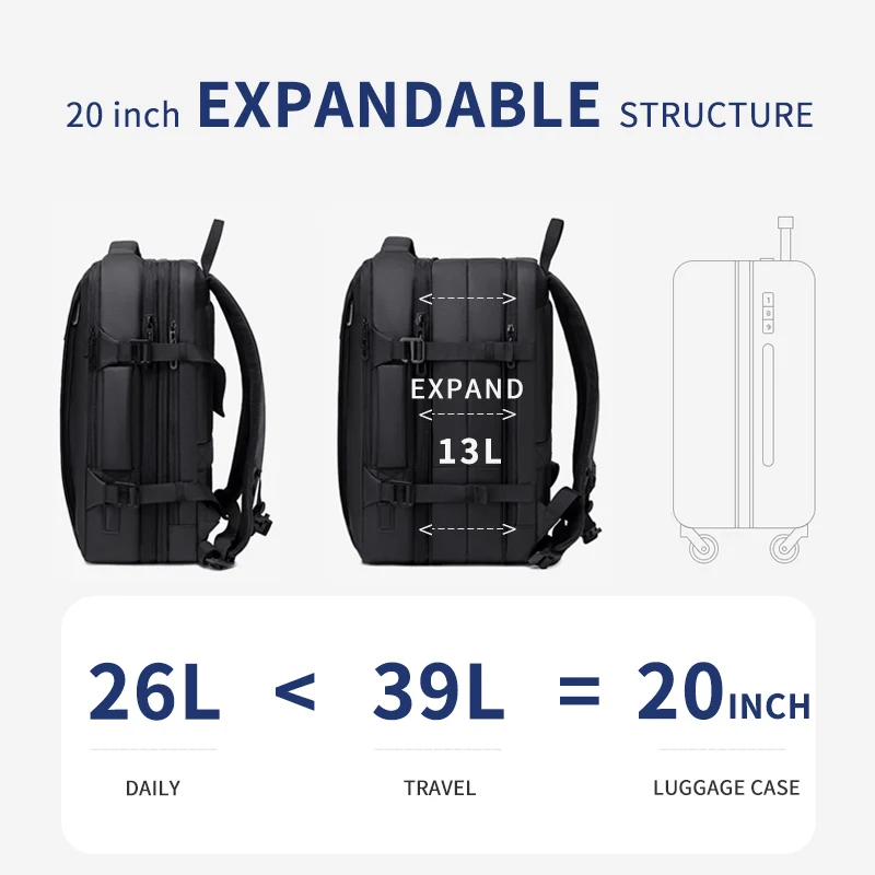 INRNN-mochila expandible para hombre, morral para ordenador portátil de 17 pulgadas, resistente al agua, con carga USB, de gran capacidad, para viaje y negocios