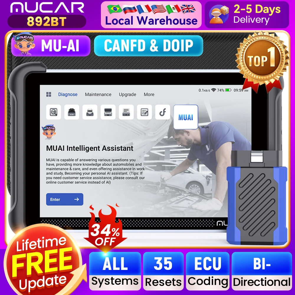 

Автомобильный инструмент MUCAR 892BT AI Assist, двунаправленный сканер Obd2, кодирование ЭБУ, автомобильный диагностический инструмент CANFD DOIP 35, полная система сброса