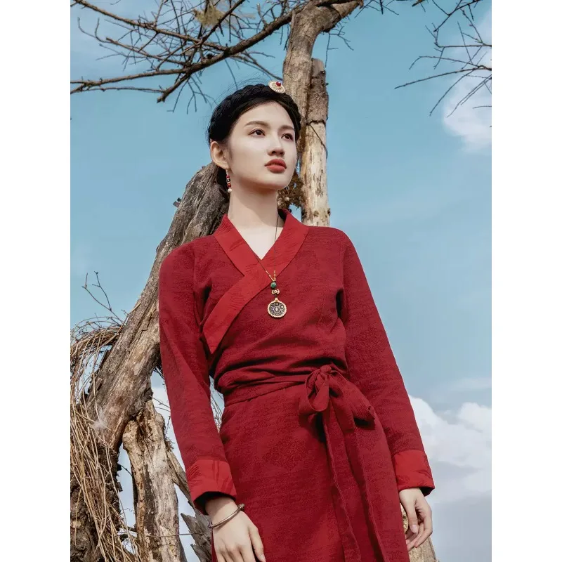 Red Retro Xizang Dress Female Lhasa Dress Tibetan Dance