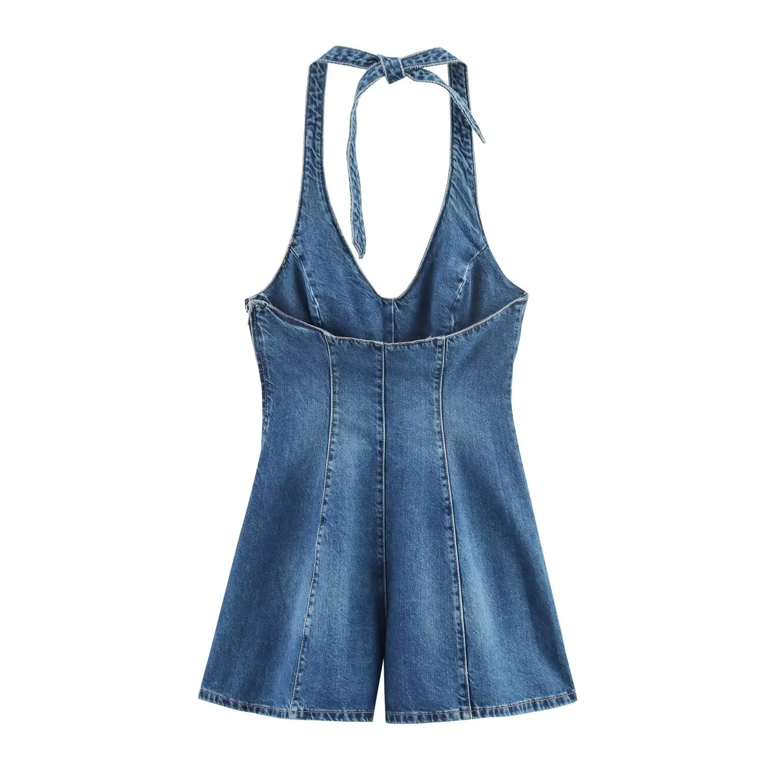 Celana pendek jumpsuit Mini Denim leher Halter seksi Bodysuit Slim Fit tanpa lengan ritsleting modis liburan kasual Chic musim panas wanita