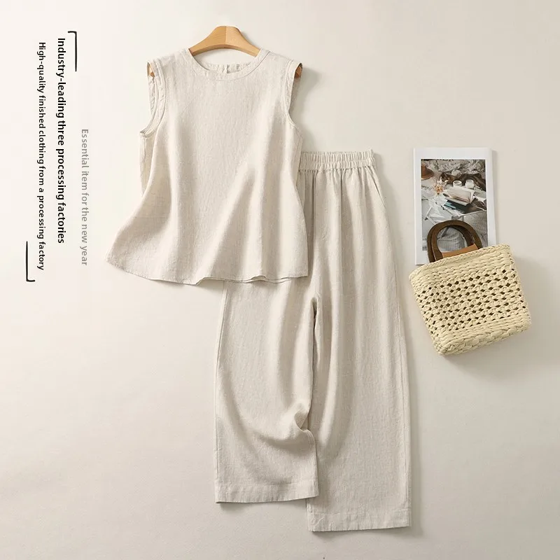 

Summer New Large Size Artistic Short Sleeve T-Shirt Wide Leg Pants Two Piece Set Youthful Casual Pants Cotton Polyester Blend