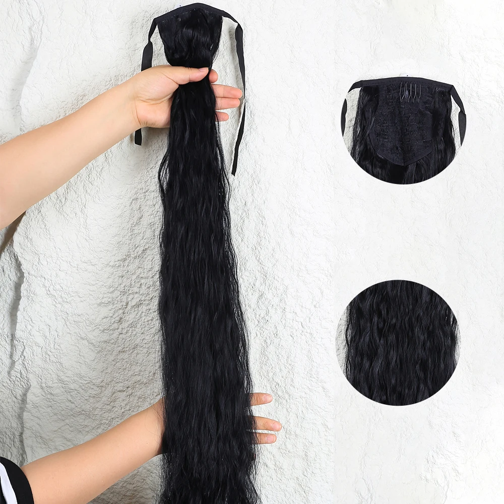 Long Curly Pony Tail Synthetic Hair Fiber 34Inch Drawstring Extensions Fake Tail Brown/Black Color