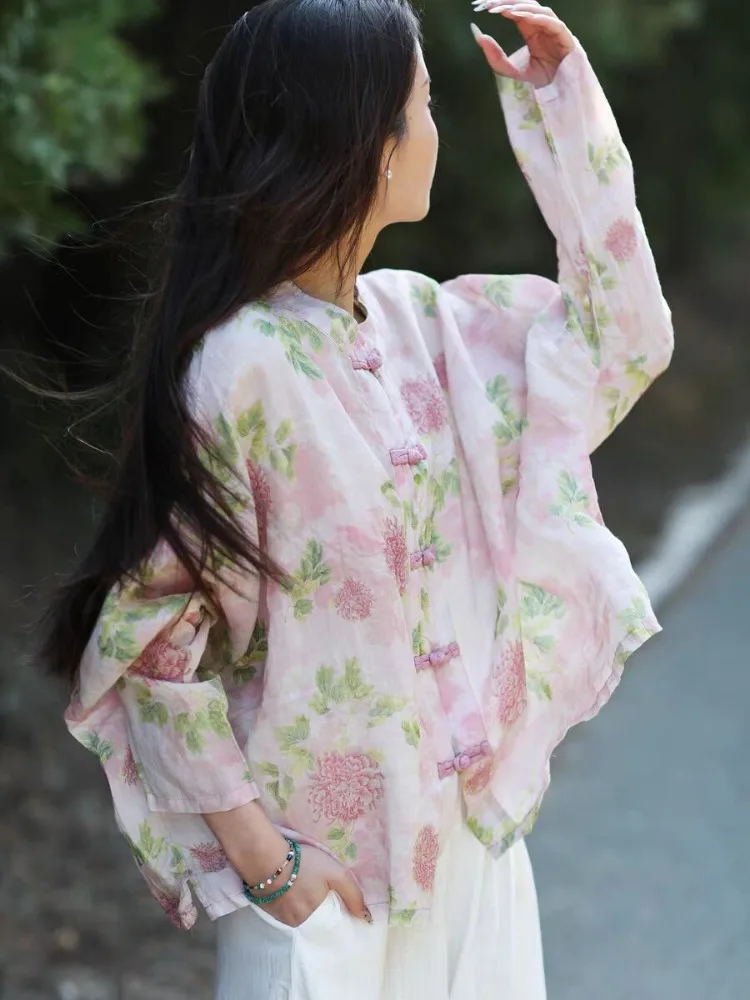 Original Design New Chinese Style National Style Shirt Loose Large Size Sunscreen Ramie Printed Shirt Tops Loose Elegant