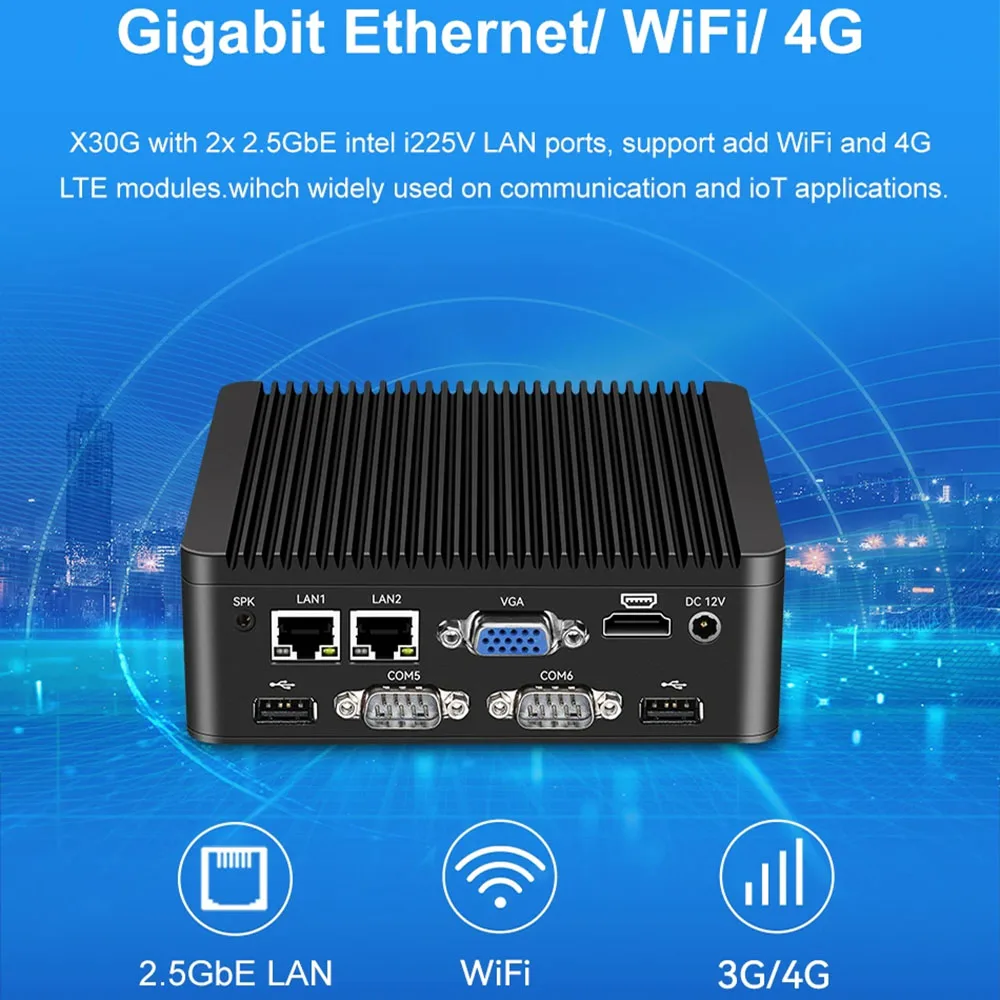 Intel Celeron J4125 Mini PC Barebone Kit DDR4 Support Linux WIFI 4G LTE Computer for Industrial with 2xRJ45 LAN 6xRS232 1xHDMI