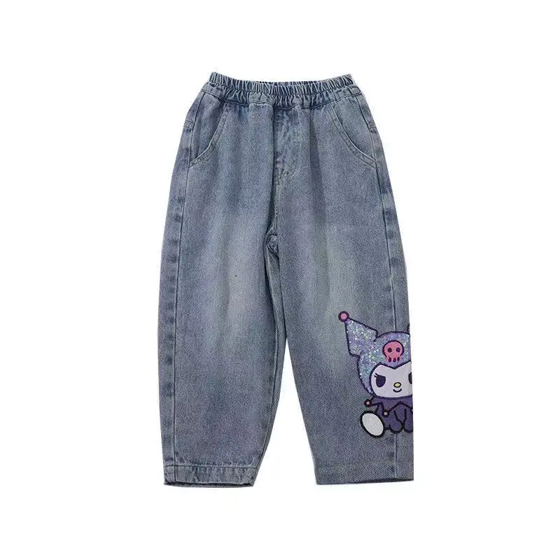 Frete grátis kawaii sanrio kuromi jeans infantis bonito dos desenhos animados retro solto moda cintura elástica multifuncional infantil