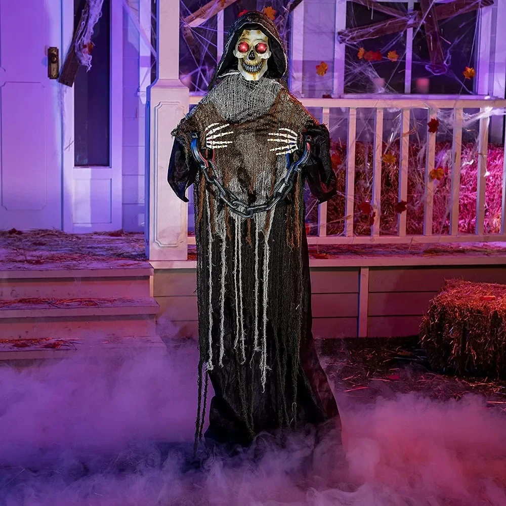 Halloween Decorations Outdoor Life Size Animatronics Grim Reaper with Chain, Sound-Actived  Decoration with Creepy Sound