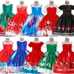 Kids Xmas Party Fancy Print Costumes Christmas Tree Santa Claus Present Girls Cosplay Princess Dress Girls Carnival Elegant Gown