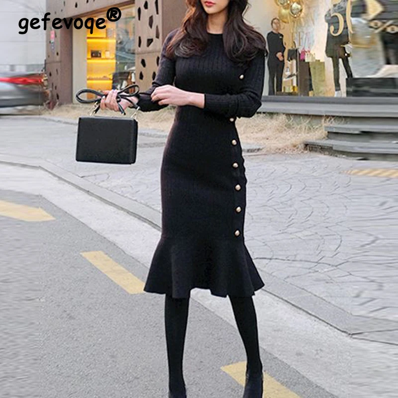 

Vintage Elegant Sexy Bodycon Party Knitted Mermaid Dresses for Women Korean Fashion Black Button Long Sleeve Midi Dress Vestidos