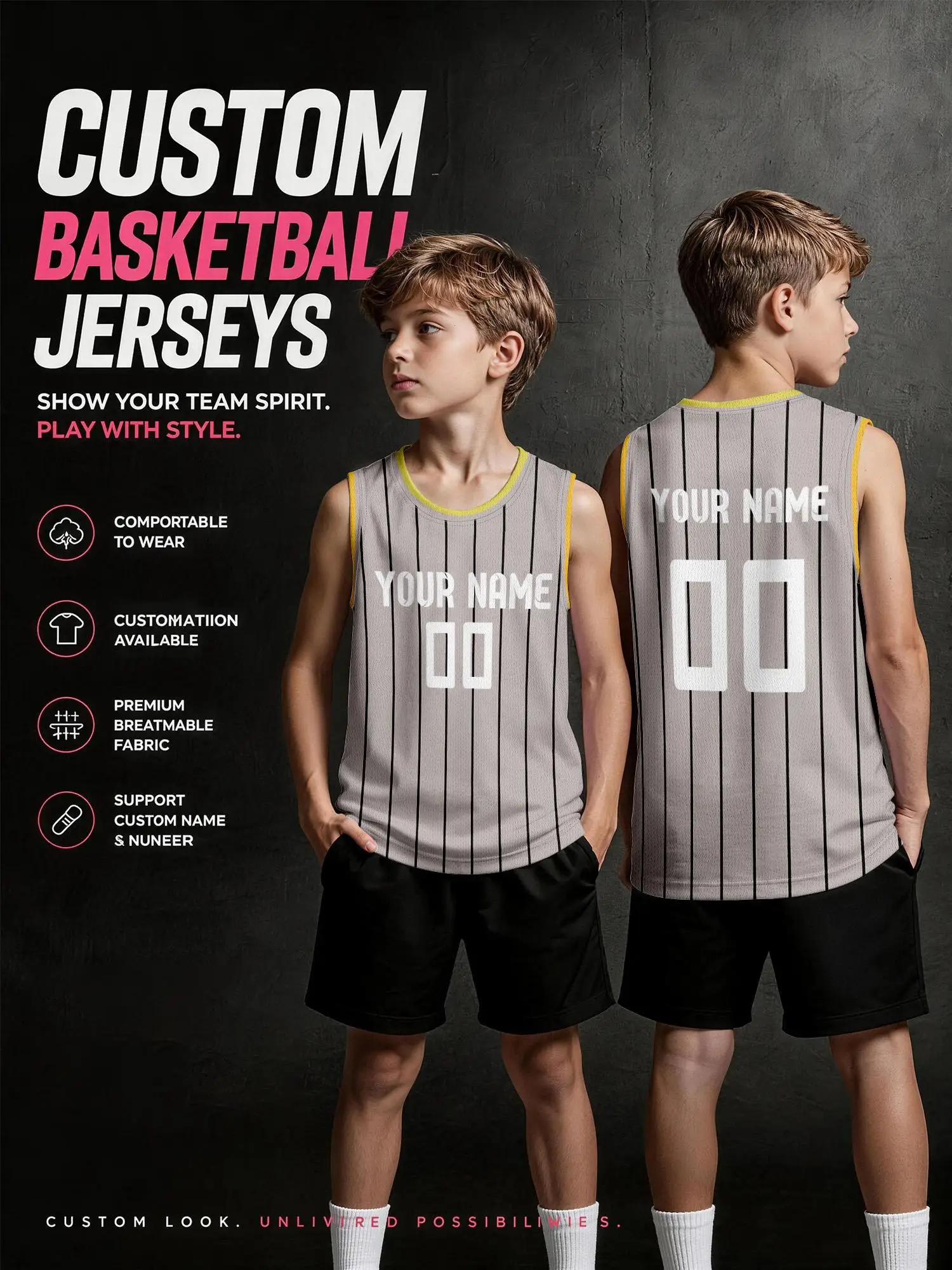 Light‑grey Vertical‑stripe Yellow‑trim Custom Basketball Jersey for Adults & Kids, Breathable Mesh, Custom‑Printed Name Number