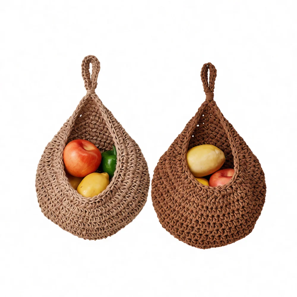 Handmade Cotton Rope Hanging Fruit Basket Wall Mounted Vegetable Storage Organizer Breathable Tear Drop Bohemian Kitchen Decor