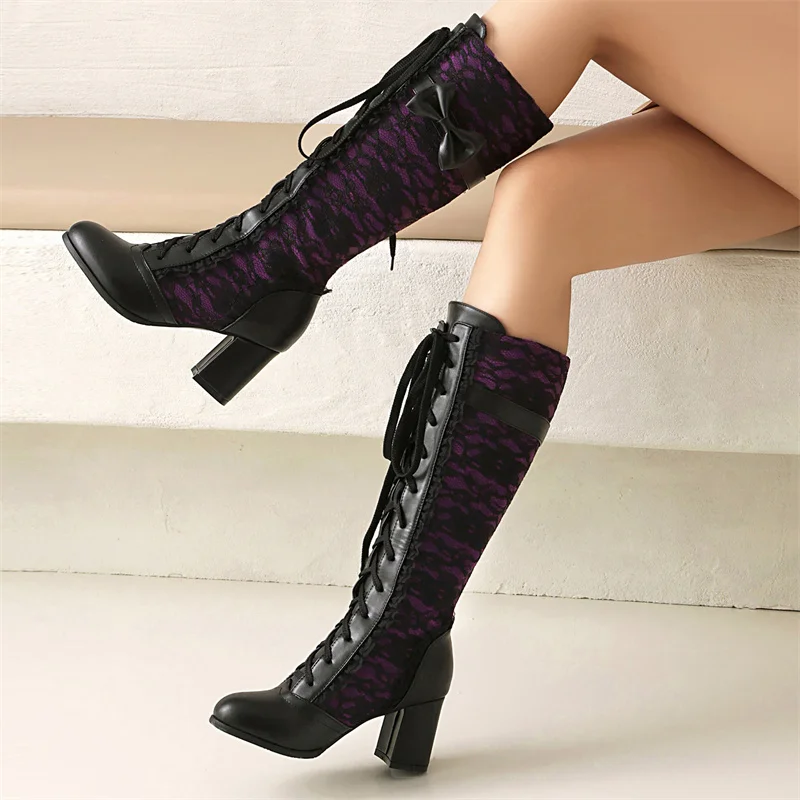 

YMECHIC Готические женские ботинки с перекрестной завязкой, ботинки до середины икры на высоком каблуке со шнуровкой, женская обувь с узким ремешком и бантом, зима 2025