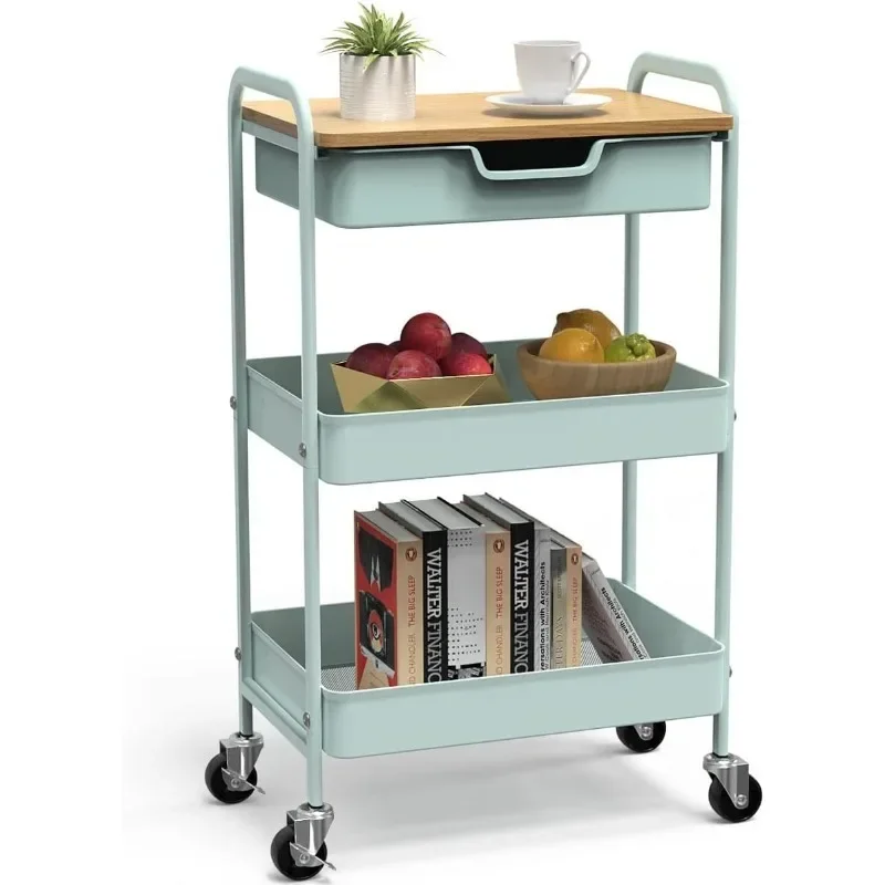 Carro rodante de 3 niveles con cajón, carro de almacenamiento rodante de metal con tapa de mesa, carro de utilidad moderno con ruedas, almacenamiento de cocina