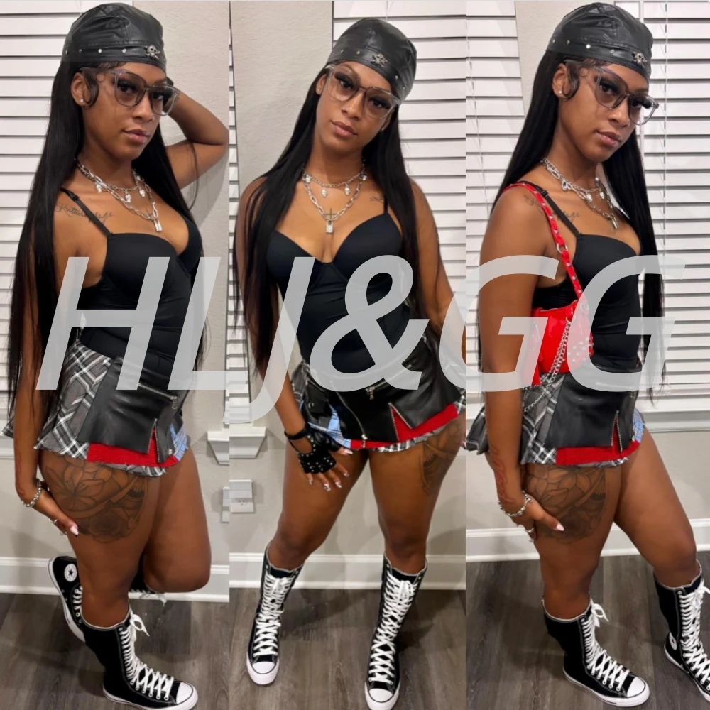 

HLJ&GG Y2K Сексуальные облегающие боди с глубоким V-образным вырезом, комплекты из двух предметов, женский топ на бретельках + плиссированные мини-юбки в клетку, уличная одежда