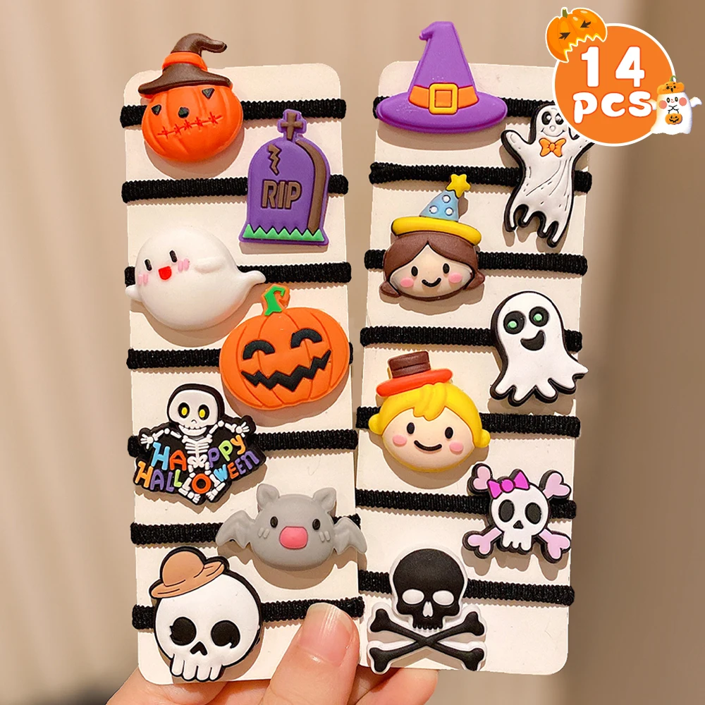 14er-Pack Halloween-Mode-Haargummis, mehrfarbig, Geister-Skelett-Design, süße Mädchen, Halloween-Geschenk, Haarbänder, Zubehör – Detail 3