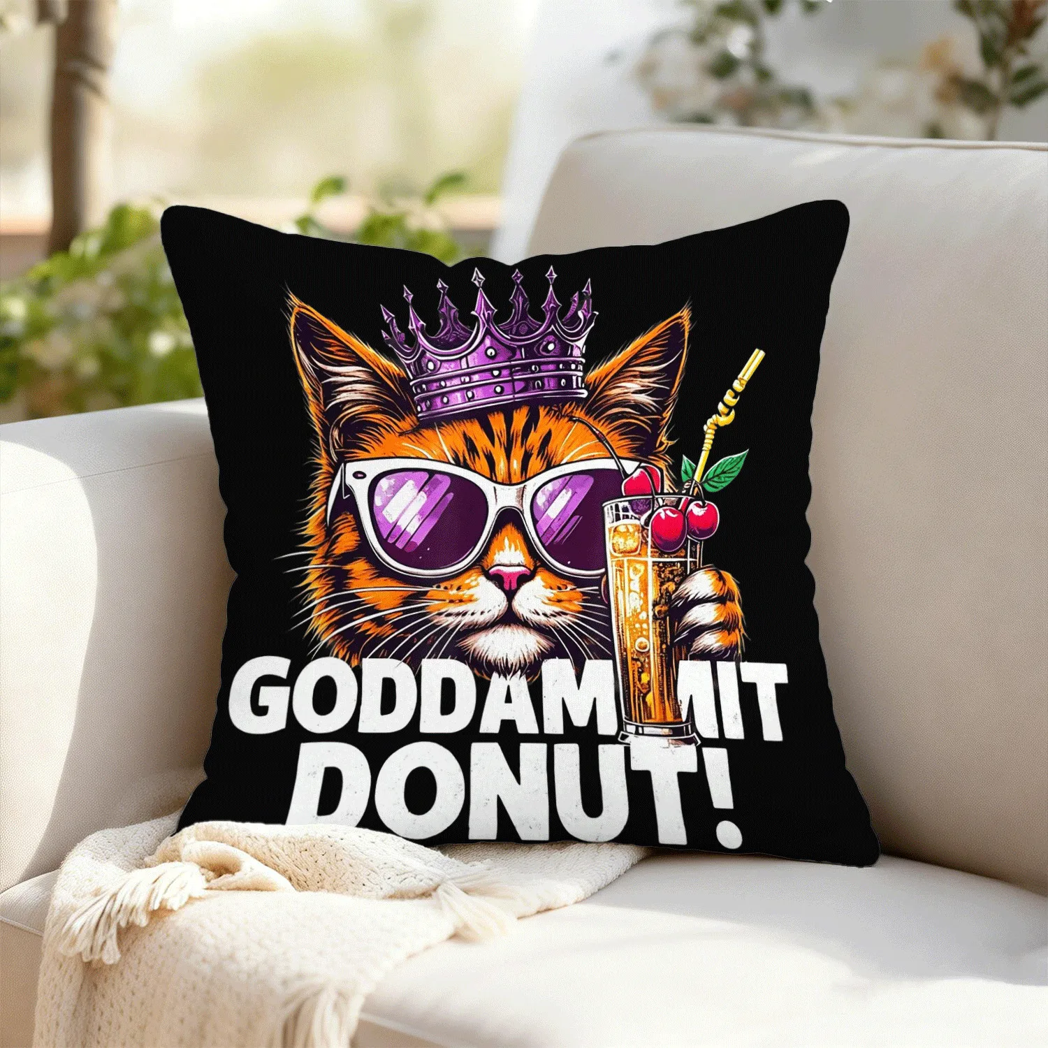 Funny Cat King Pillow Case Sunglasses & Cocktail Print Cushion Cover Quirky Pet Lover Gift Decor Throw Pillow Slipcover for Sofa