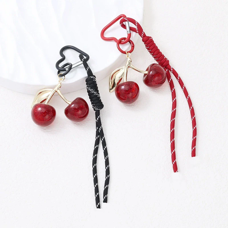 New In Pink Cherry Bag Charm Braided Rope Woman Fashionable Keychains For Bags Pendant Accessories Gift