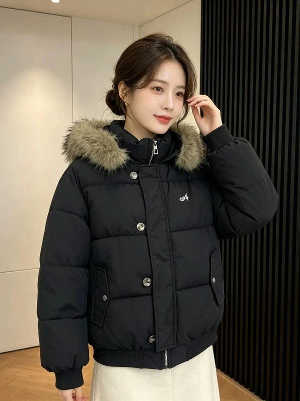 Women's Thickened Hooded Cotton Jacket with Large Fur Collar Winter Warm Loose Small Size Cotton Coat Casual Sportswear