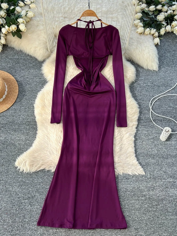 Foamlina Sexy 2-teiliges Damen-Kleid-Set, einfarbig, Neckholder, ärmellos, rückenfrei, figurbetontes Maxikleid und Langarm-Westenanzug