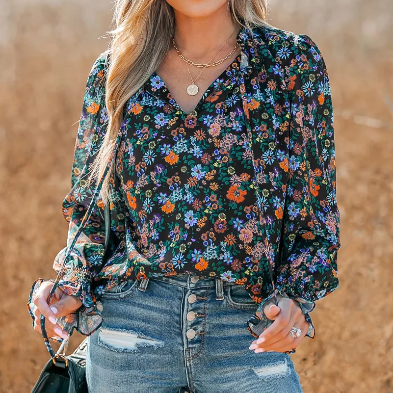 

Plus Size Women's Shirt, Flower Print V-Neck, Long Sleeves with Ruffles, Casual Resort Style, Suitable for All Seasons
