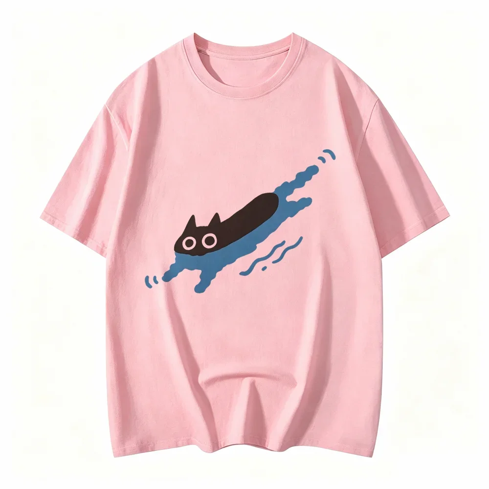 WomanTees Swimming Black Cat Diving Shoulder Short Sleeved T-shirt for Women Breathable Casual Creative Summer Clothing Tops