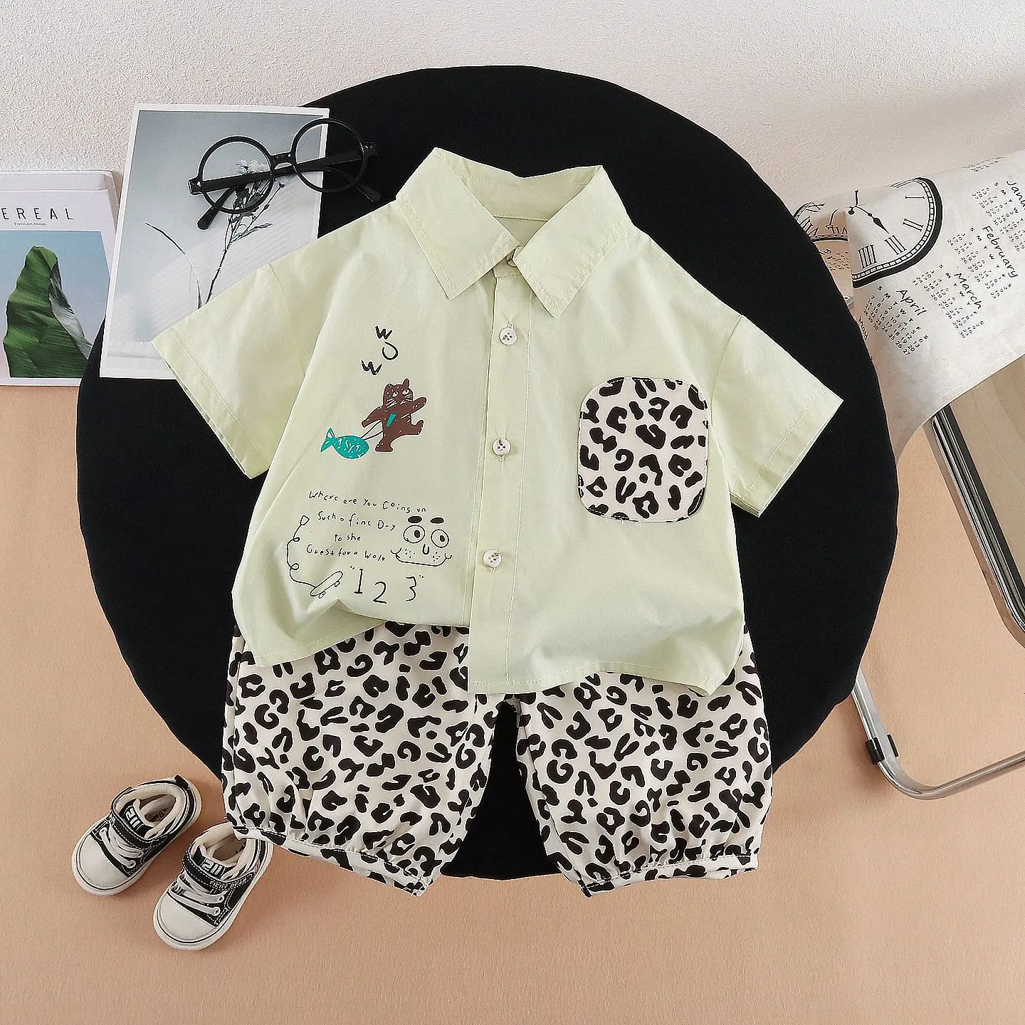 Toddler Boys Summer Outfit Kids 2PCS Set Leopard Pocket Cartoon Print Turn-down Collar Shirt and Elastic Waist Shorts Daily Wear