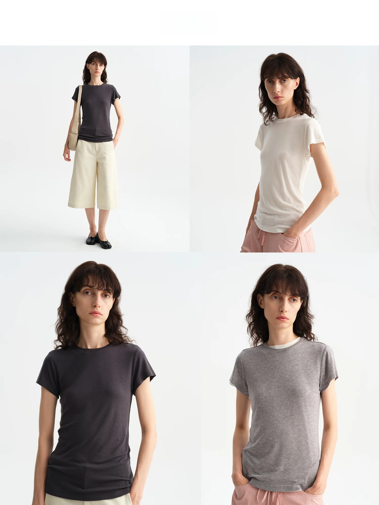 

Summer Slim Fit Woolen T-Shirt round Neck Short Sleeve Pure Color Waist-Cinching Women's Original Design Rylee Fiber Blouse