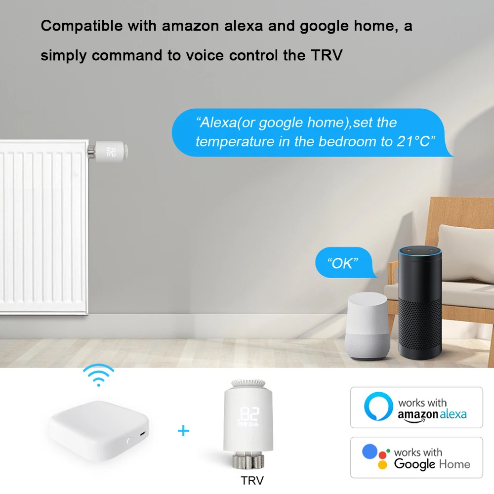 Tuya Zig-温度コントローラー付きサーモスタットバルブ,双方向ワイヤレスアプリケーション制御,Alexa, Google Home