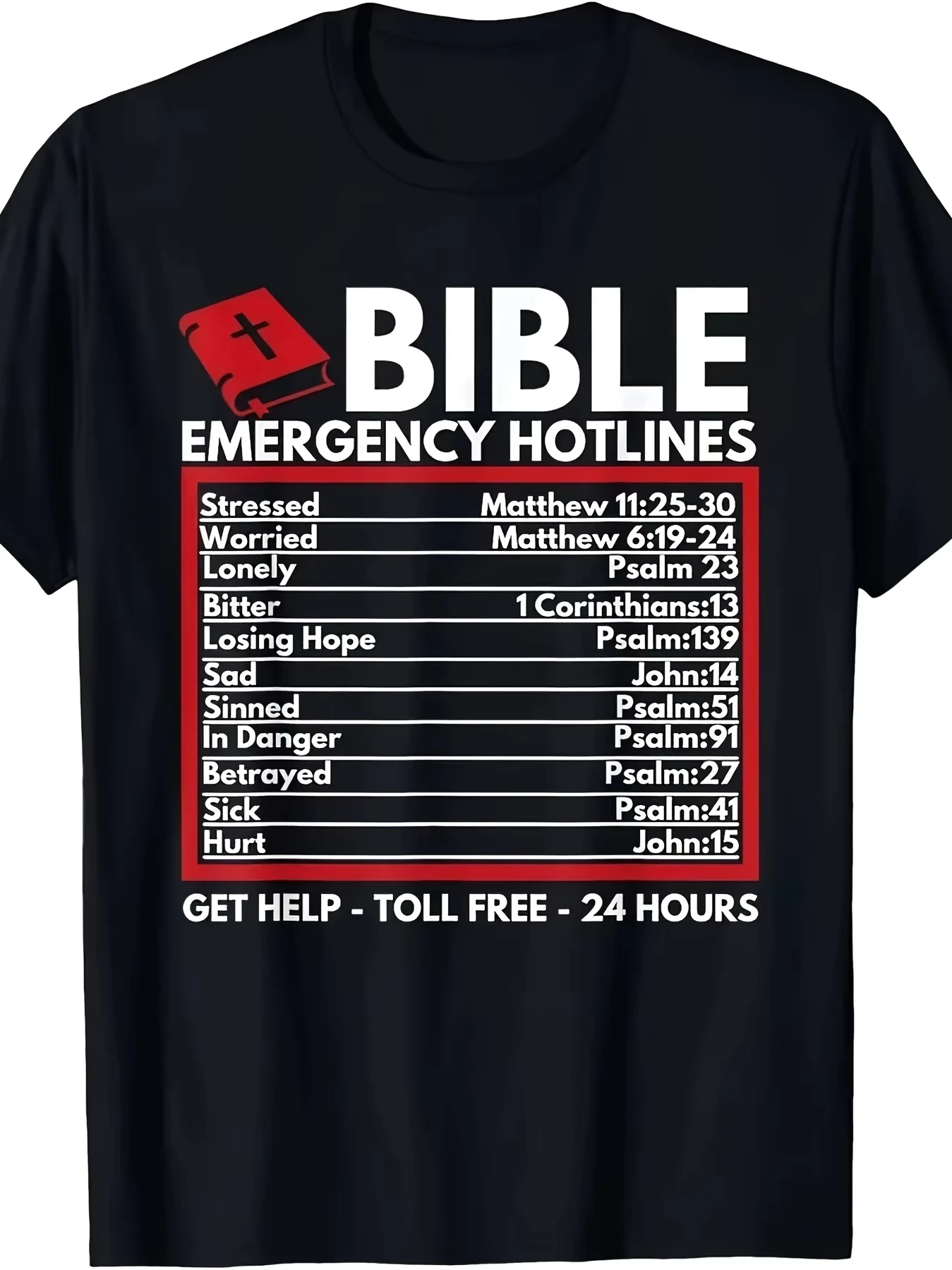 

Bible Emergency Numbers Funny Christian Bible & Jesus T-Shirt-100% Cotton Street Trend Y2K Unisex Harajuku