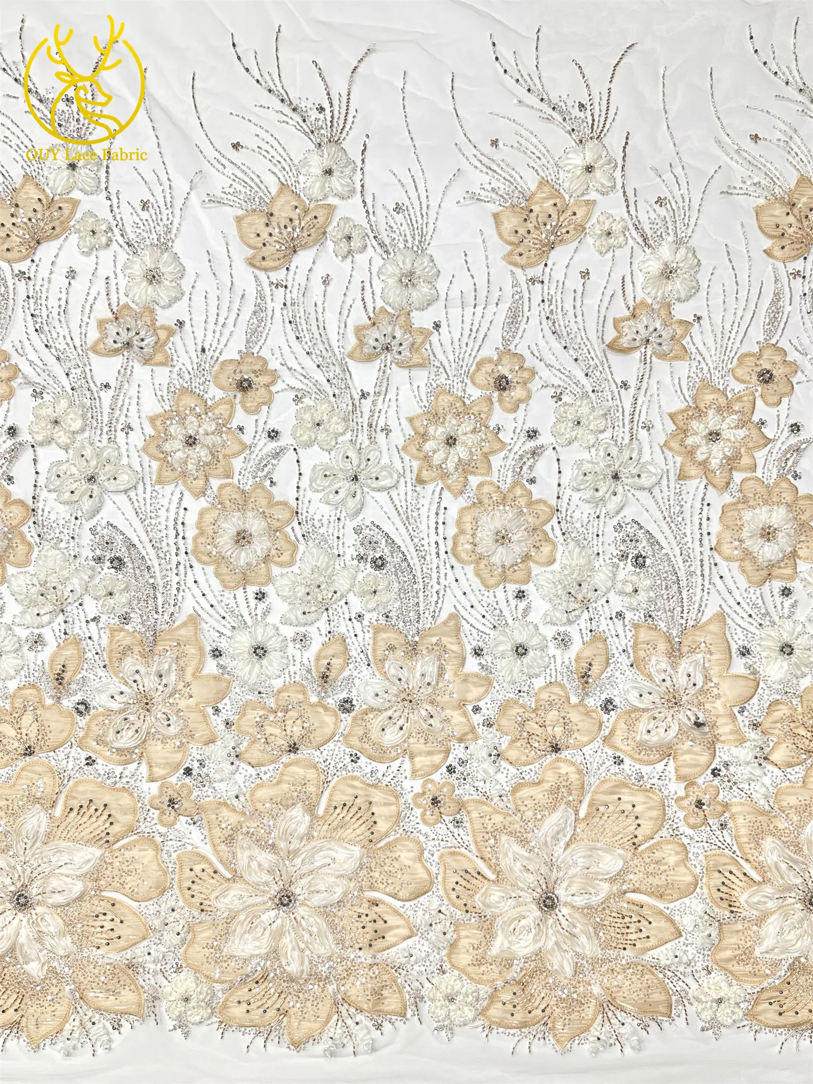 3D-Blumen-Tüll, afrikanischer Spitzenstoff, eleganter französischer nigerianischer Perlen-Pailletten-Mesh-Spitzenstoff für Damen, Hochzeitskleid-Design-Stoff – Detail 6