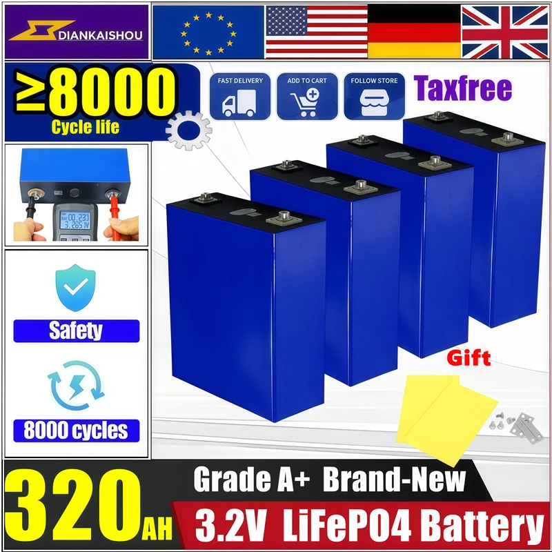 

Brand New A-Grade 320Ah 8000 cycle LiFePO4 3.2V rechargeable battery suitable for DIY 12V 24V RV electric vehicle solar system