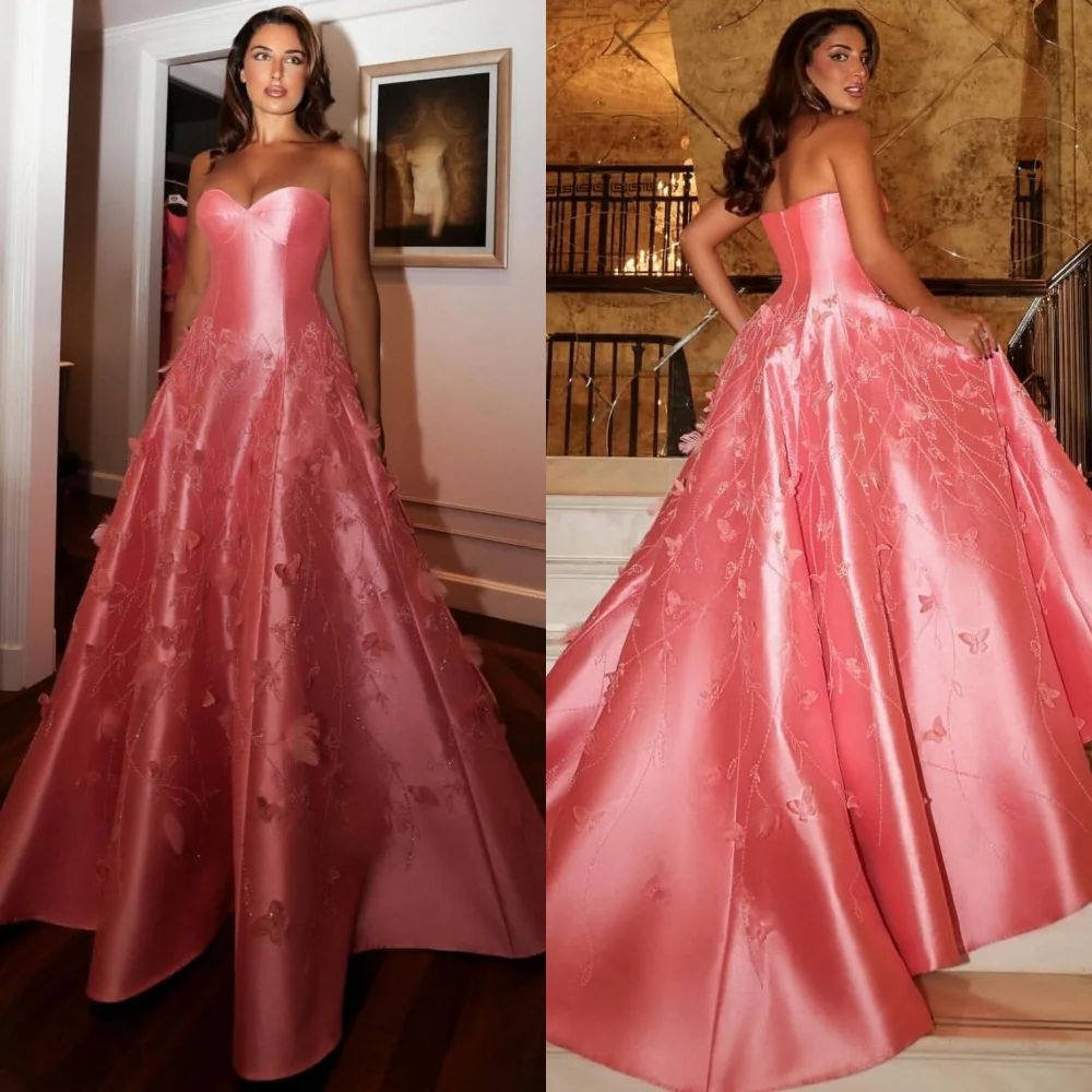 Abiti lunghi senza spalline a trapezio con fiori in paillettes Charmeuse in stile moderno personalizzato Occasioni formali su misura