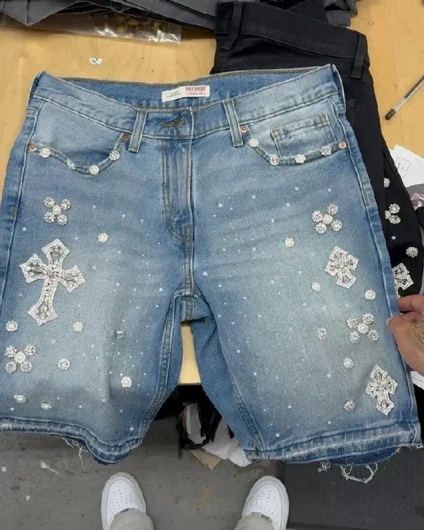 

Retro Blue Streetwear Y2K Gothic Shorts Hip Hop Rhinestones Baggy Jeans Denim Gym Shorts Men Women High Waist Basketball Shorts