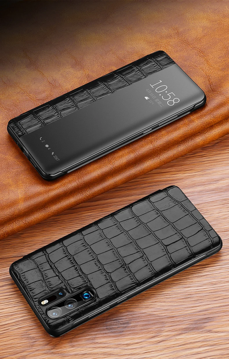 Luxury P30 Smart Case with 3D Crocodile Skin Texture Window View Genuine Leather Case for Huawei P30 PRO Shockproof Flip Case