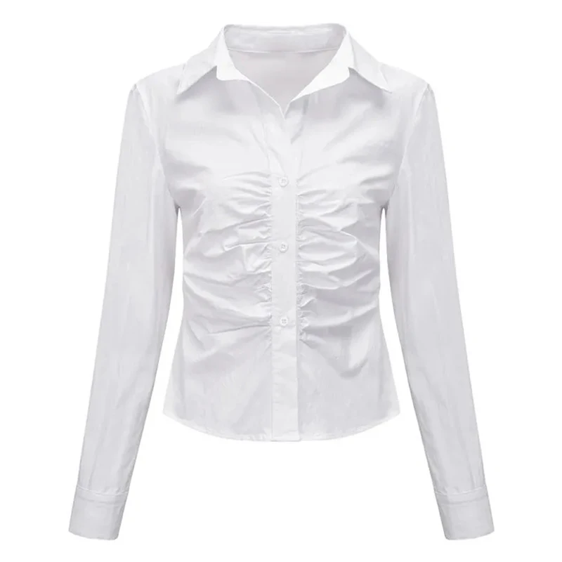 Vintage Pleated Women White Shirt American Long Sleeve Slim Blouse Fall Casual Single Breasted Female Streetwear Retro Tops